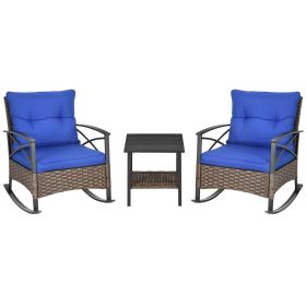 Outsunny 3 Piece Rocking Wicker Bistro Set, Outdoor Patio Furniture Set with 2 Porch Rocker Chairs, Cushions, 2-Tier Coffee Table for Garden