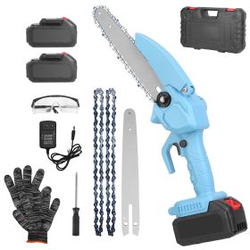 Electric Mini Chainsaw Portable Handheld Cordless Small Chain Saw Battery Powered with 2Pcs 1200mAh Rechargeable Batteries 8in Chains Gloves Gogg (Color: Blue)