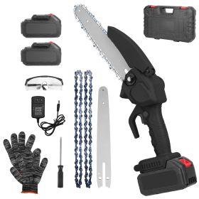 Electric Mini Chainsaw Portable Handheld Cordless Small Chain Saw Battery Powered with 2Pcs 1200mAh Rechargeable Batteries 8in Chains Gloves Gogg (Color: Black)